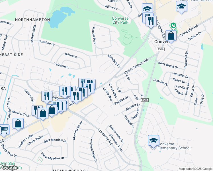 map of restaurants, bars, coffee shops, grocery stores, and more near 8802 Seguin Road in Converse
