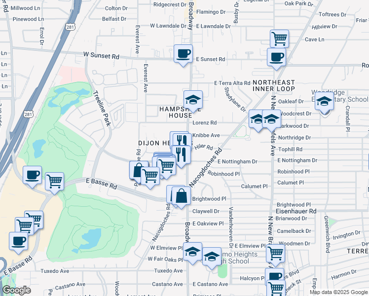 map of restaurants, bars, coffee shops, grocery stores, and more near 7707 Broadway in San Antonio