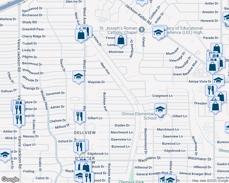 map of restaurants, bars, coffee shops, grocery stores, and more near 210 Locknere Lane in San Antonio