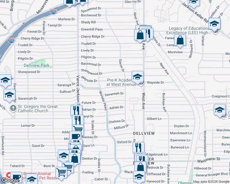 map of restaurants, bars, coffee shops, grocery stores, and more near 139 Savannah Drive in San Antonio