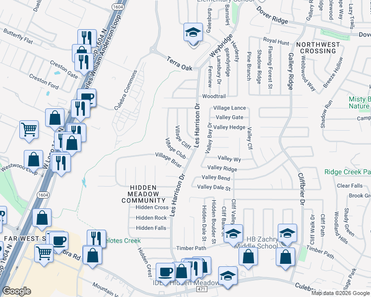 map of restaurants, bars, coffee shops, grocery stores, and more near 6313 Village Cliff in San Antonio