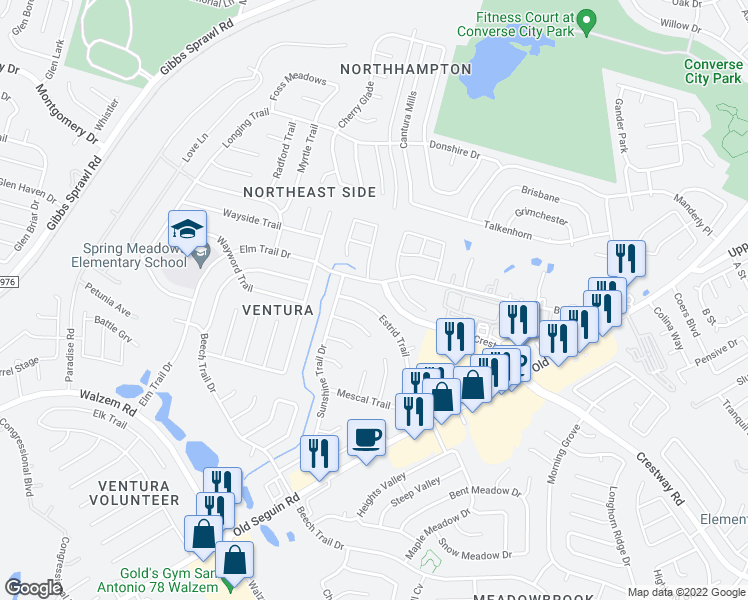 map of restaurants, bars, coffee shops, grocery stores, and more near 7329 Estrid Trail in San Antonio
