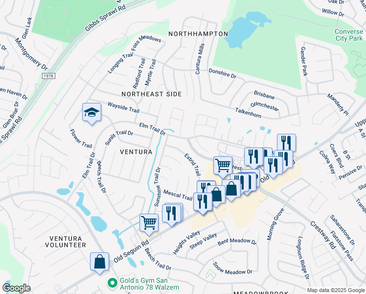 map of restaurants, bars, coffee shops, grocery stores, and more near 7329 Estrid Trail in San Antonio