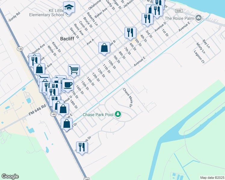 map of restaurants, bars, coffee shops, grocery stores, and more near 4824 12th Street in Bacliff
