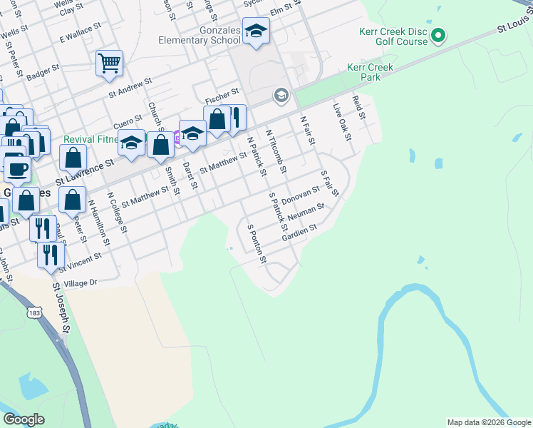 map of restaurants, bars, coffee shops, grocery stores, and more near 1330 Donovan Street in Gonzales