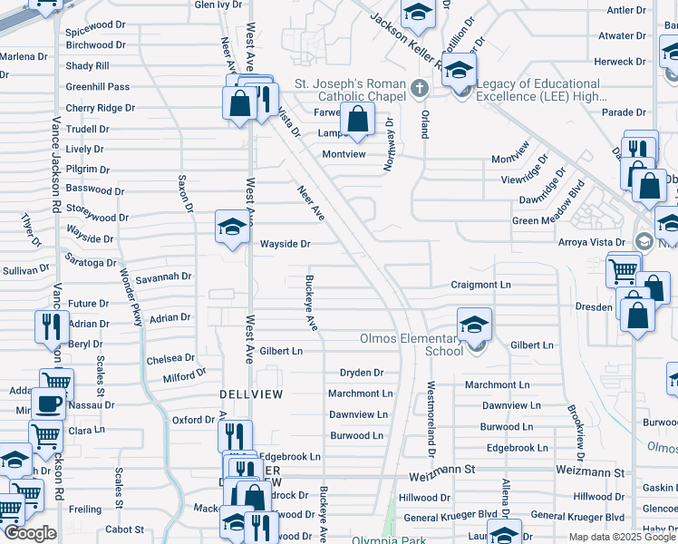 map of restaurants, bars, coffee shops, grocery stores, and more near 210 Locknere Lane in San Antonio