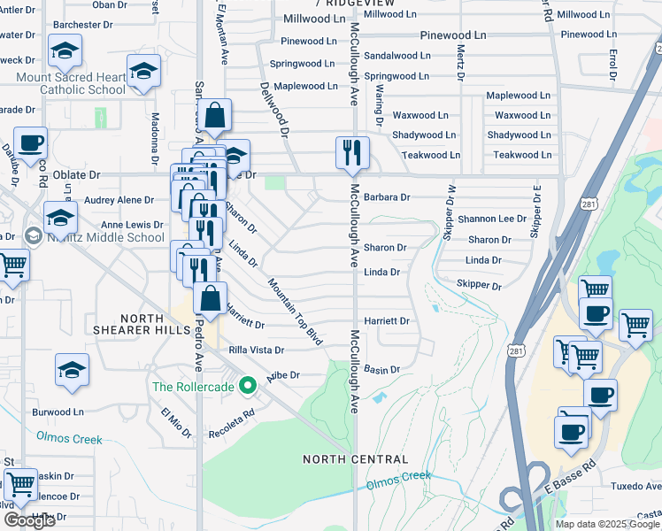 map of restaurants, bars, coffee shops, grocery stores, and more near 237 Linda Drive in San Antonio
