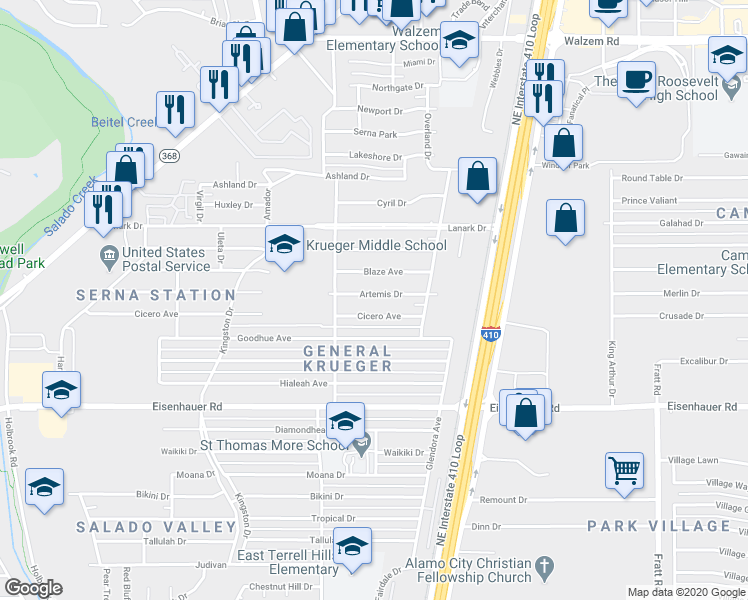 map of restaurants, bars, coffee shops, grocery stores, and more near 530 Artemis Drive in San Antonio