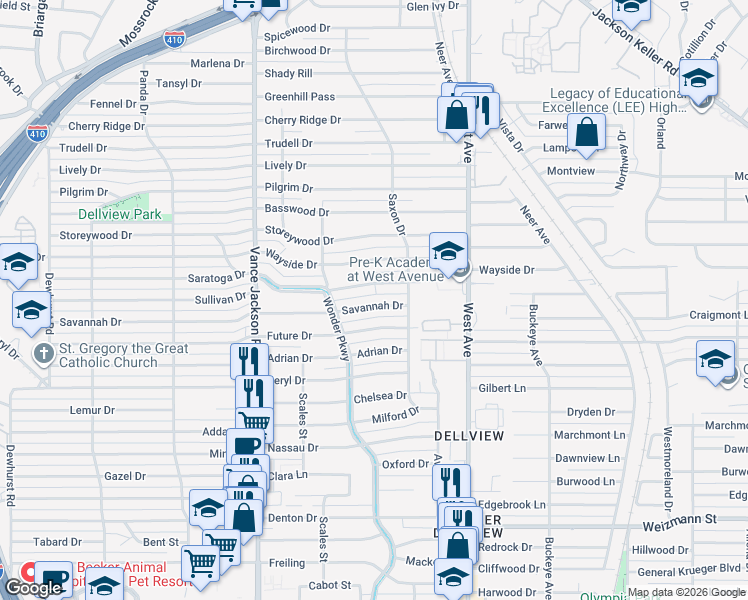 map of restaurants, bars, coffee shops, grocery stores, and more near 139 Savannah Drive in San Antonio