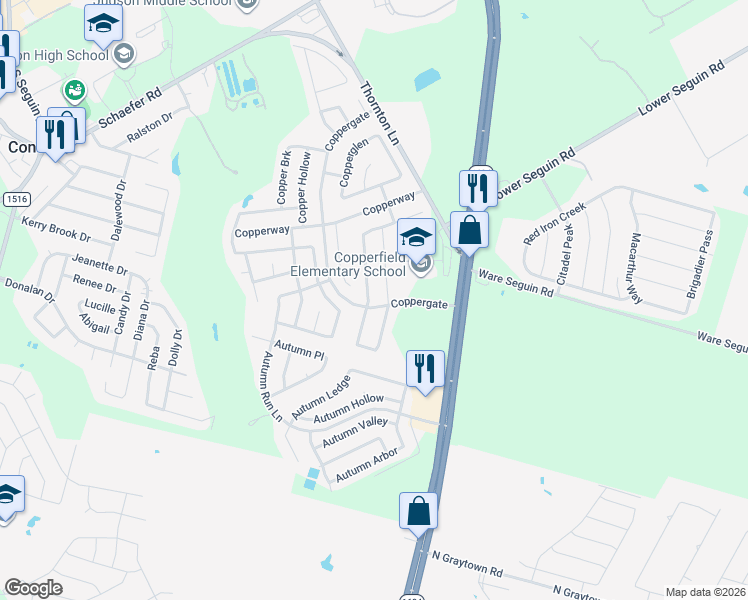 map of restaurants, bars, coffee shops, grocery stores, and more near 7503 Copper Meadow in Converse