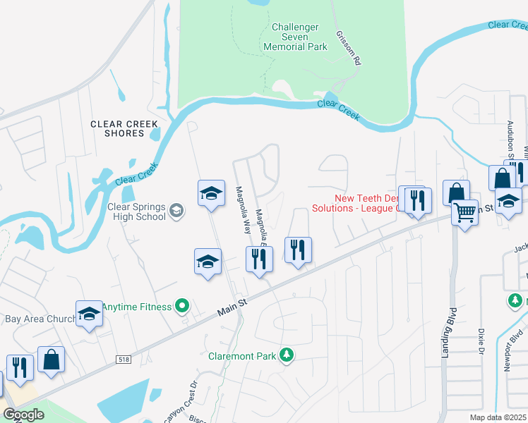 map of restaurants, bars, coffee shops, grocery stores, and more near 312 Magnolia Estates Drive in League City