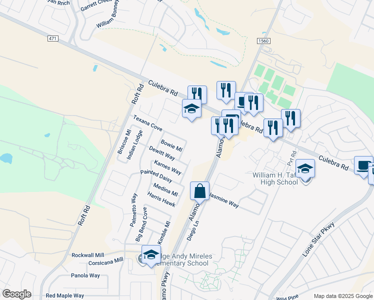 map of restaurants, bars, coffee shops, grocery stores, and more near 6806 Shamrock Way in San Antonio