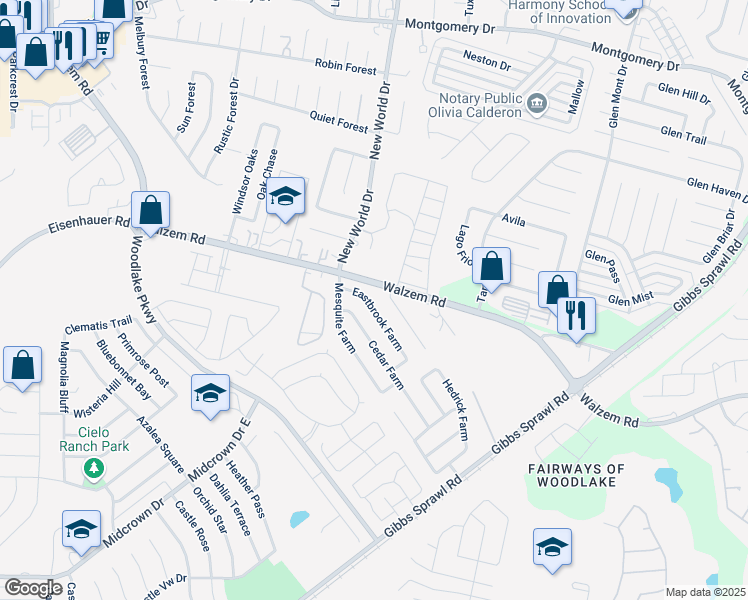 map of restaurants, bars, coffee shops, grocery stores, and more near 7778 Eastbrook Farm in San Antonio