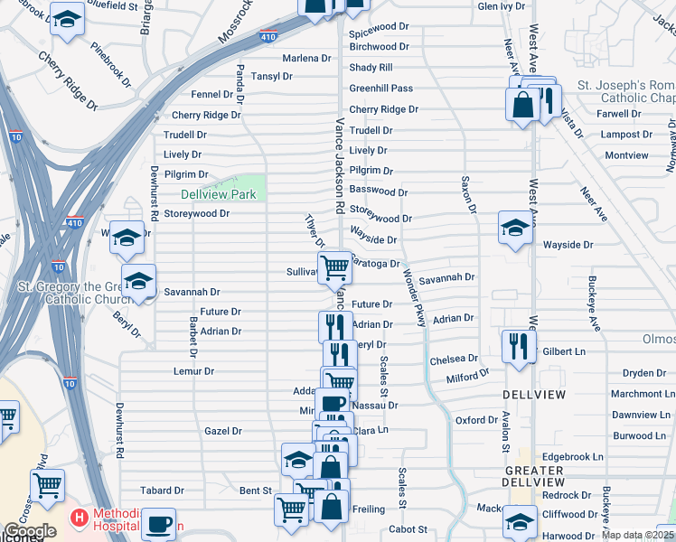 map of restaurants, bars, coffee shops, grocery stores, and more near 102 Sullivan Drive in San Antonio