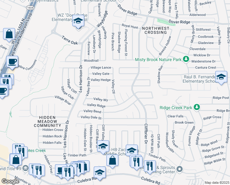 map of restaurants, bars, coffee shops, grocery stores, and more near 6142 Valley Cliff in San Antonio