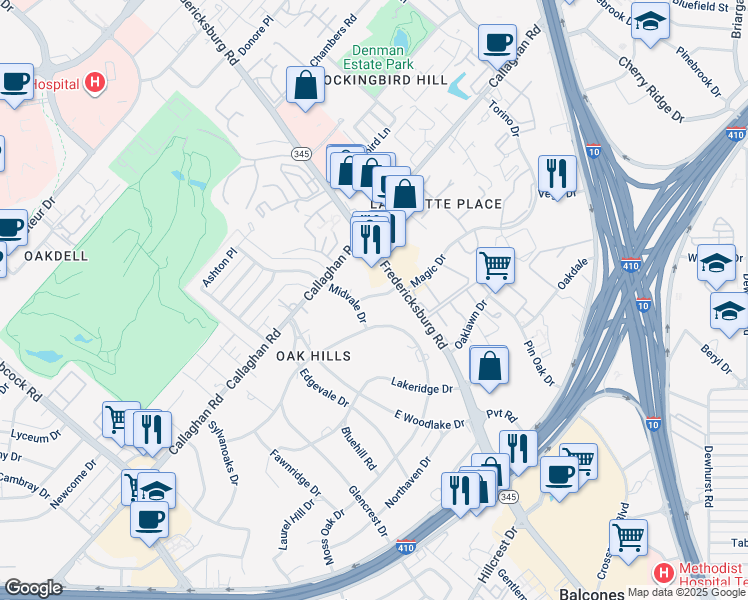 map of restaurants, bars, coffee shops, grocery stores, and more near 102 Winnetka Road in San Antonio