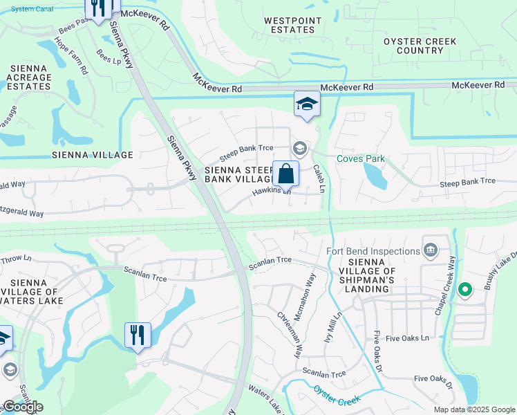 map of restaurants, bars, coffee shops, grocery stores, and more near 3706 Hawkins Court in Missouri City
