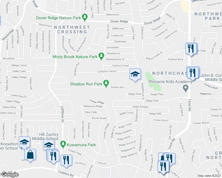 map of restaurants, bars, coffee shops, grocery stores, and more near 6635 Shadow Run in San Antonio