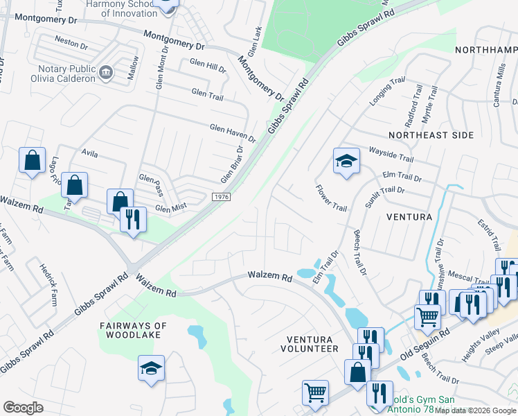 map of restaurants, bars, coffee shops, grocery stores, and more near 7529 Branching Peak in San Antonio