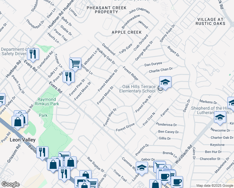 map of restaurants, bars, coffee shops, grocery stores, and more near 6023 Forest Shadow Street in San Antonio