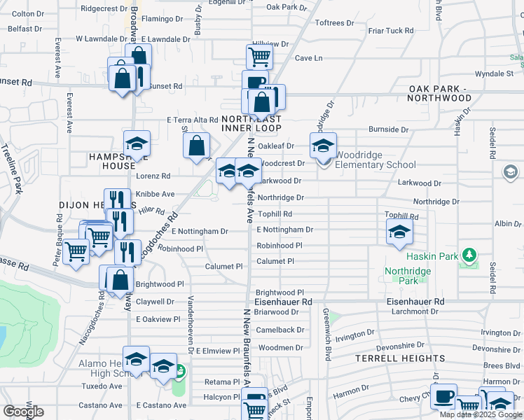 map of restaurants, bars, coffee shops, grocery stores, and more near 111 Tophill Road in San Antonio