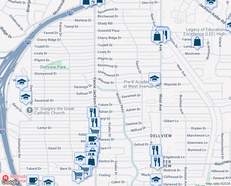 map of restaurants, bars, coffee shops, grocery stores, and more near 202 Saratoga Drive in San Antonio