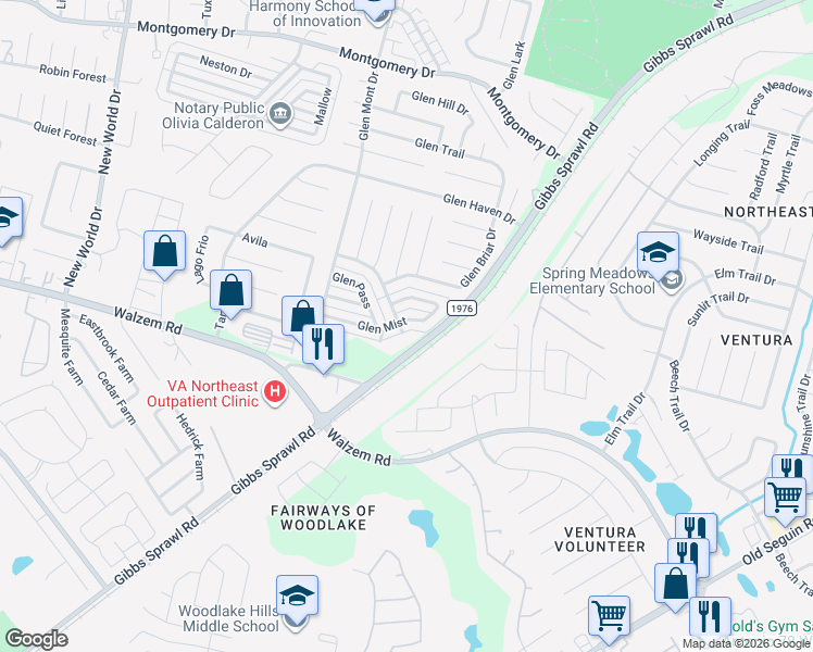 map of restaurants, bars, coffee shops, grocery stores, and more near 7202 Glen Mist in San Antonio