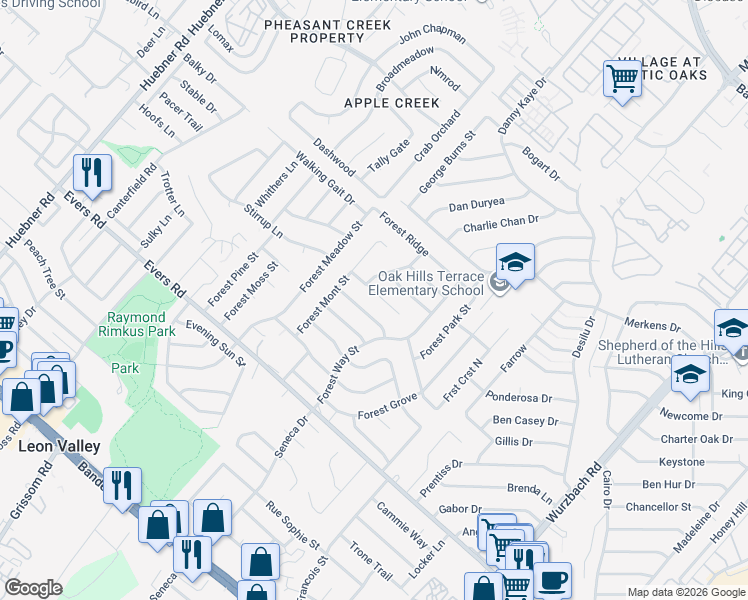 map of restaurants, bars, coffee shops, grocery stores, and more near 6023 Forest Shadow Street in San Antonio
