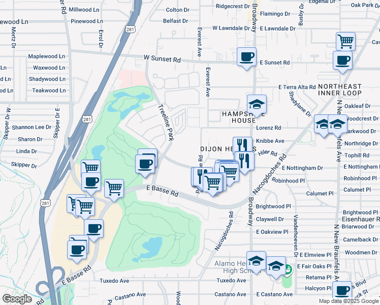 map of restaurants, bars, coffee shops, grocery stores, and more near 311 West Nottingham Drive in San Antonio