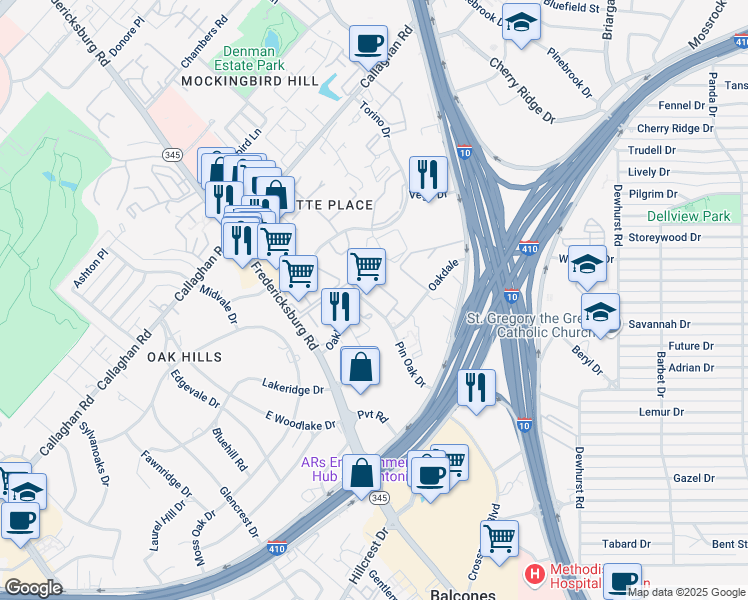 map of restaurants, bars, coffee shops, grocery stores, and more near 6 Pin Oak Drive in San Antonio
