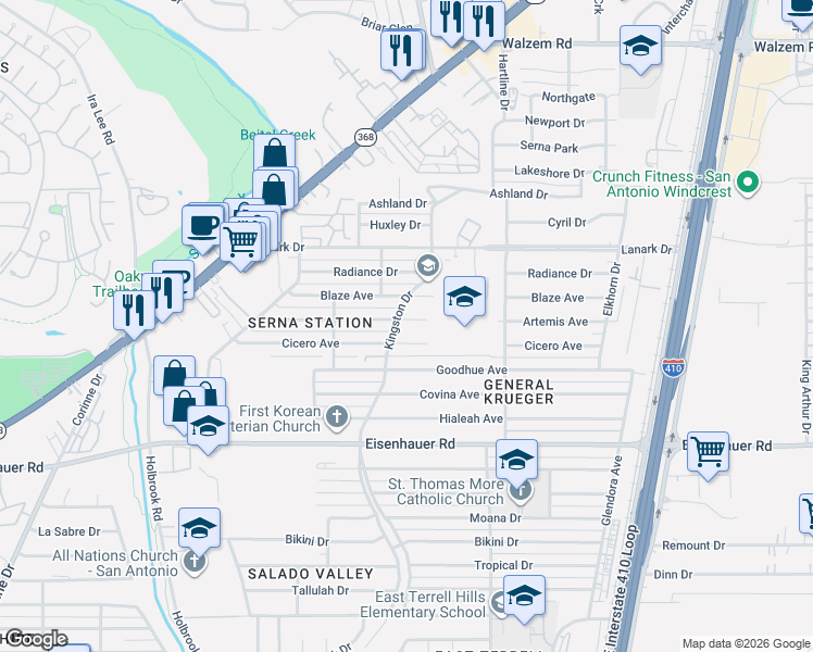 map of restaurants, bars, coffee shops, grocery stores, and more near 406 Artemis Drive in San Antonio