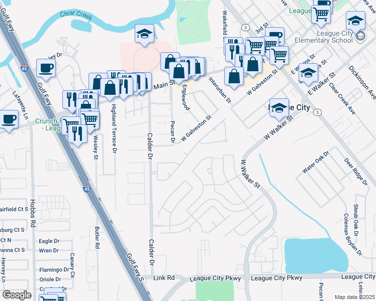 map of restaurants, bars, coffee shops, grocery stores, and more near 386 Oakshire Court in League City
