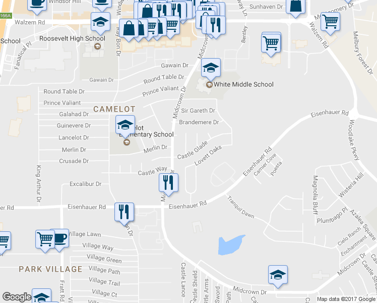 map of restaurants, bars, coffee shops, grocery stores, and more near 7402 Castle Crown Drive in San Antonio