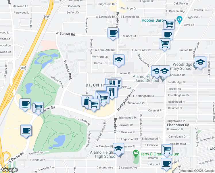 map of restaurants, bars, coffee shops, grocery stores, and more near 7707 Broadway in San Antonio