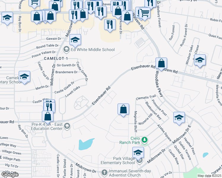 map of restaurants, bars, coffee shops, grocery stores, and more near 6023 Camier Cove in San Antonio