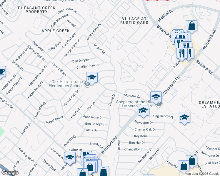 map of restaurants, bars, coffee shops, grocery stores, and more near 5611 Merkens Drive in San Antonio