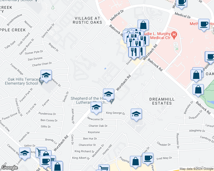 map of restaurants, bars, coffee shops, grocery stores, and more near 7043 Tourant Road in San Antonio