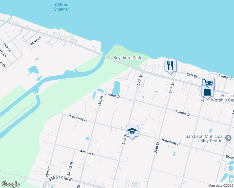 map of restaurants, bars, coffee shops, grocery stores, and more near 2730 Avenue D in San Leon