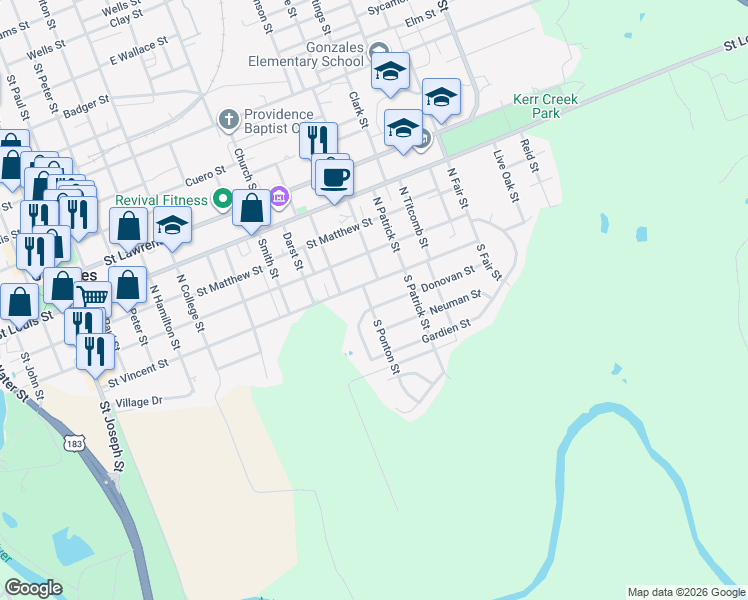map of restaurants, bars, coffee shops, grocery stores, and more near 1330 Donovan Street in Gonzales