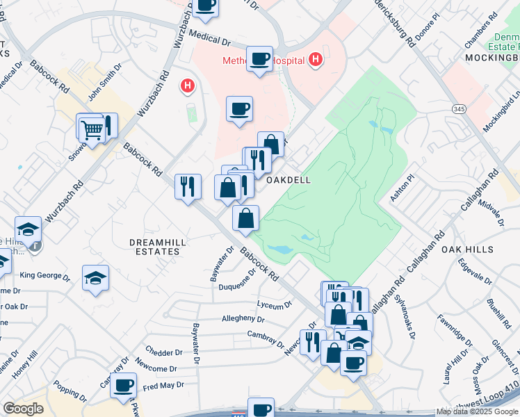 map of restaurants, bars, coffee shops, grocery stores, and more near 7310 Oak Manor Drive in San Antonio