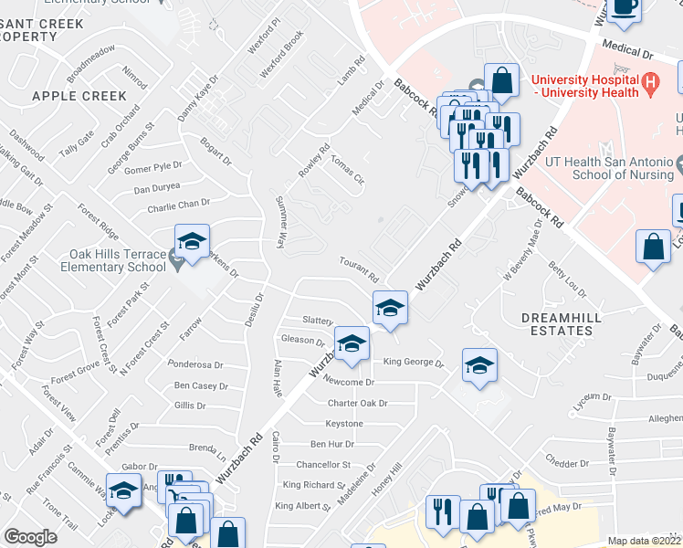 map of restaurants, bars, coffee shops, grocery stores, and more near 5407 Gary Cooper Street in San Antonio