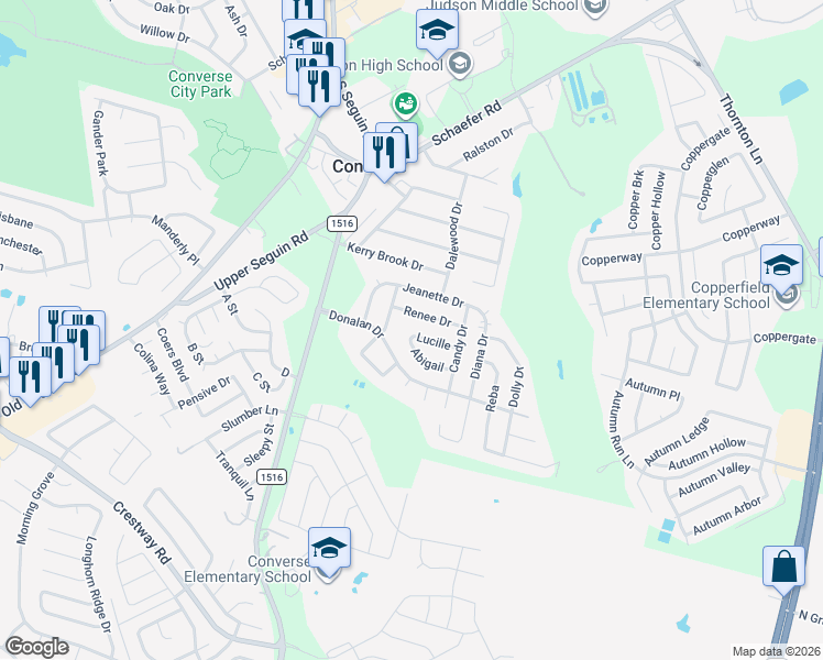 map of restaurants, bars, coffee shops, grocery stores, and more near 406 Abigail in Converse