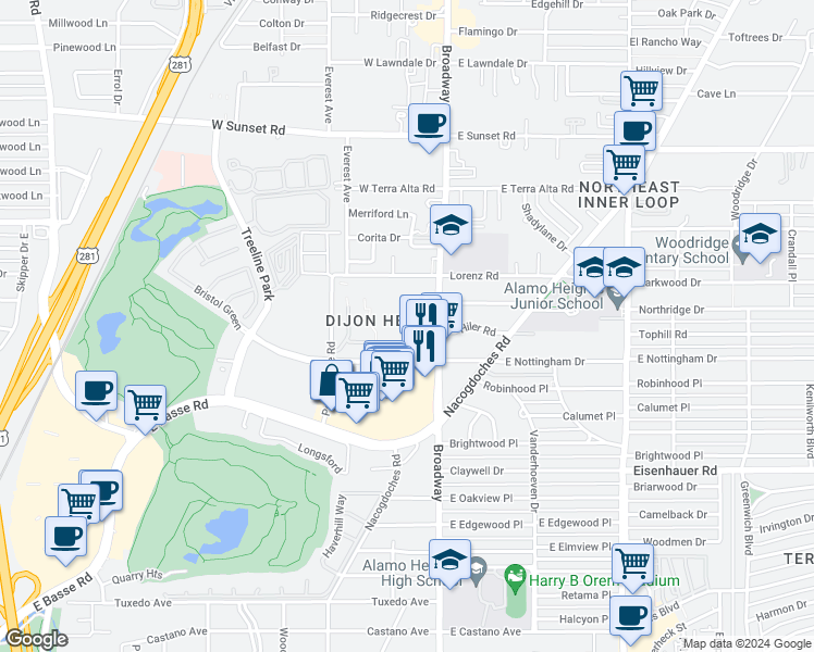 map of restaurants, bars, coffee shops, grocery stores, and more near 7707 Broadway in San Antonio