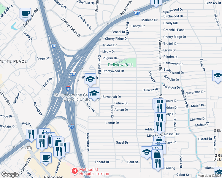 map of restaurants, bars, coffee shops, grocery stores, and more near 306 Sullivan Drive in San Antonio