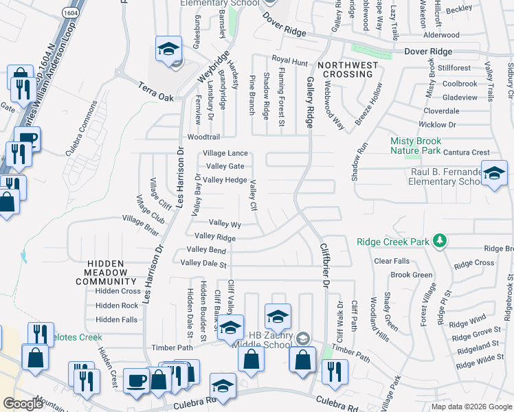map of restaurants, bars, coffee shops, grocery stores, and more near 6142 Valley Cliff in San Antonio