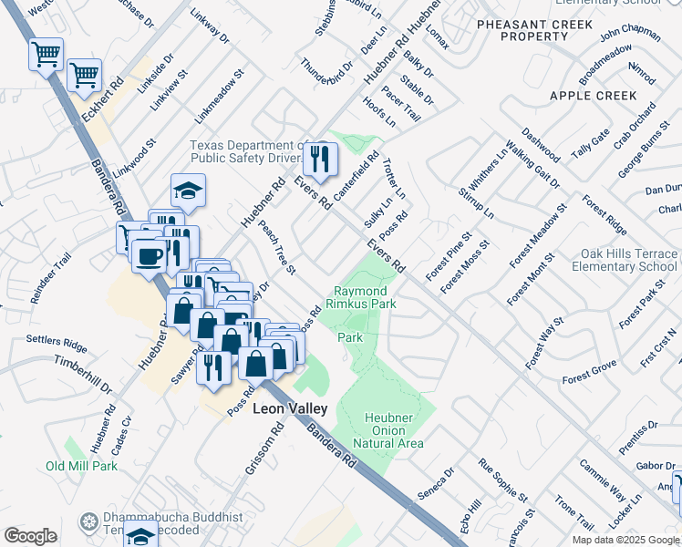 map of restaurants, bars, coffee shops, grocery stores, and more near 7110 Larksong Street in San Antonio
