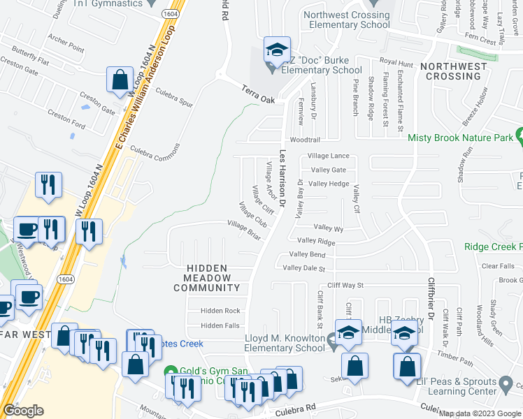 map of restaurants, bars, coffee shops, grocery stores, and more near 6313 Village Cliff in San Antonio