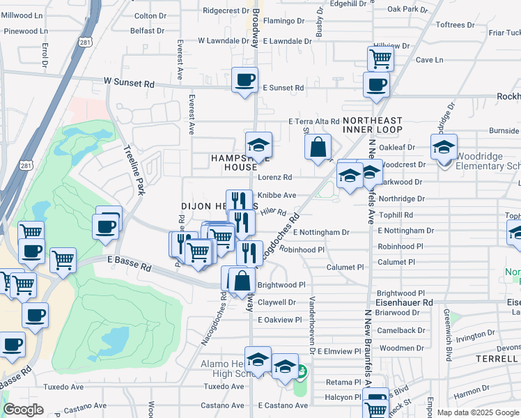 map of restaurants, bars, coffee shops, grocery stores, and more near 107 Hiler Road in San Antonio