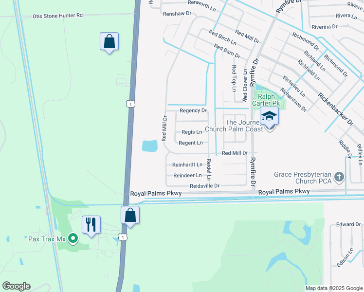 map of restaurants, bars, coffee shops, grocery stores, and more near 17 Regent Lane in Palm Coast