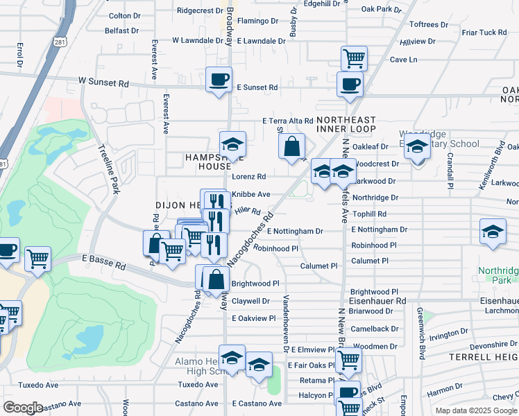 map of restaurants, bars, coffee shops, grocery stores, and more near 131 Hiler Road in San Antonio